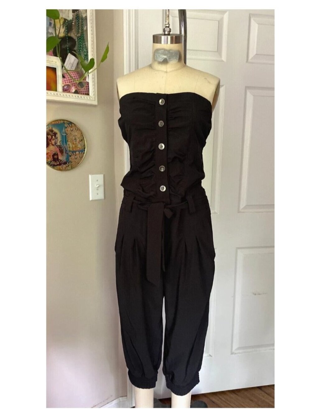 TOXIK3 Y2K Black Belted Button Front strapless JUMPSUIT capri Romper *LARGE*